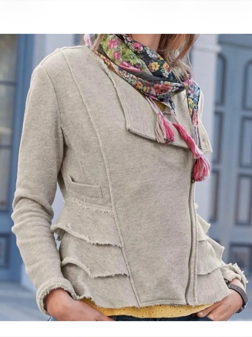 Sundance Joy Gray Ruffle Jacket, Size Small